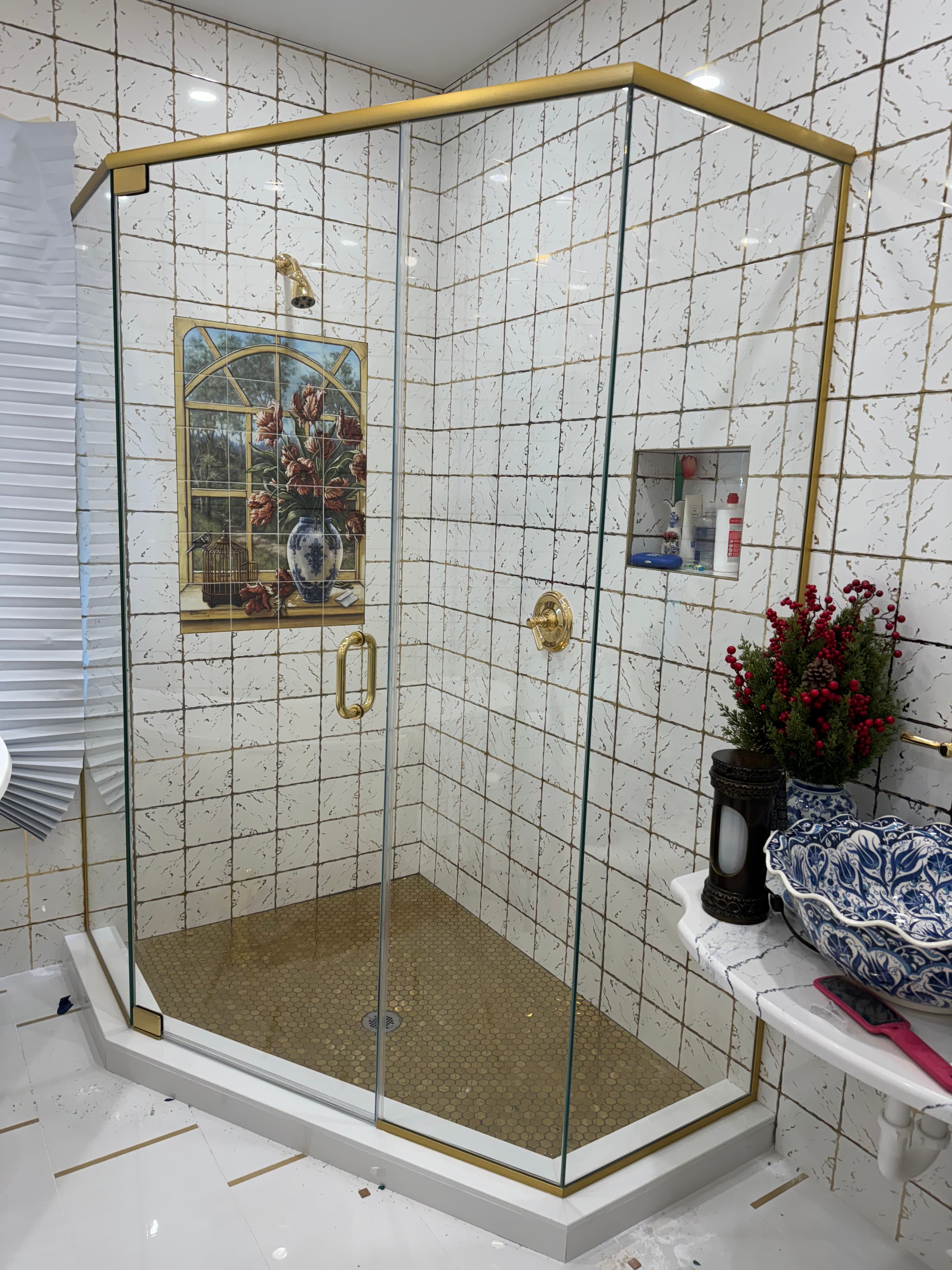 Neo-Angle shower door installation in Williamsburg Brooklyn