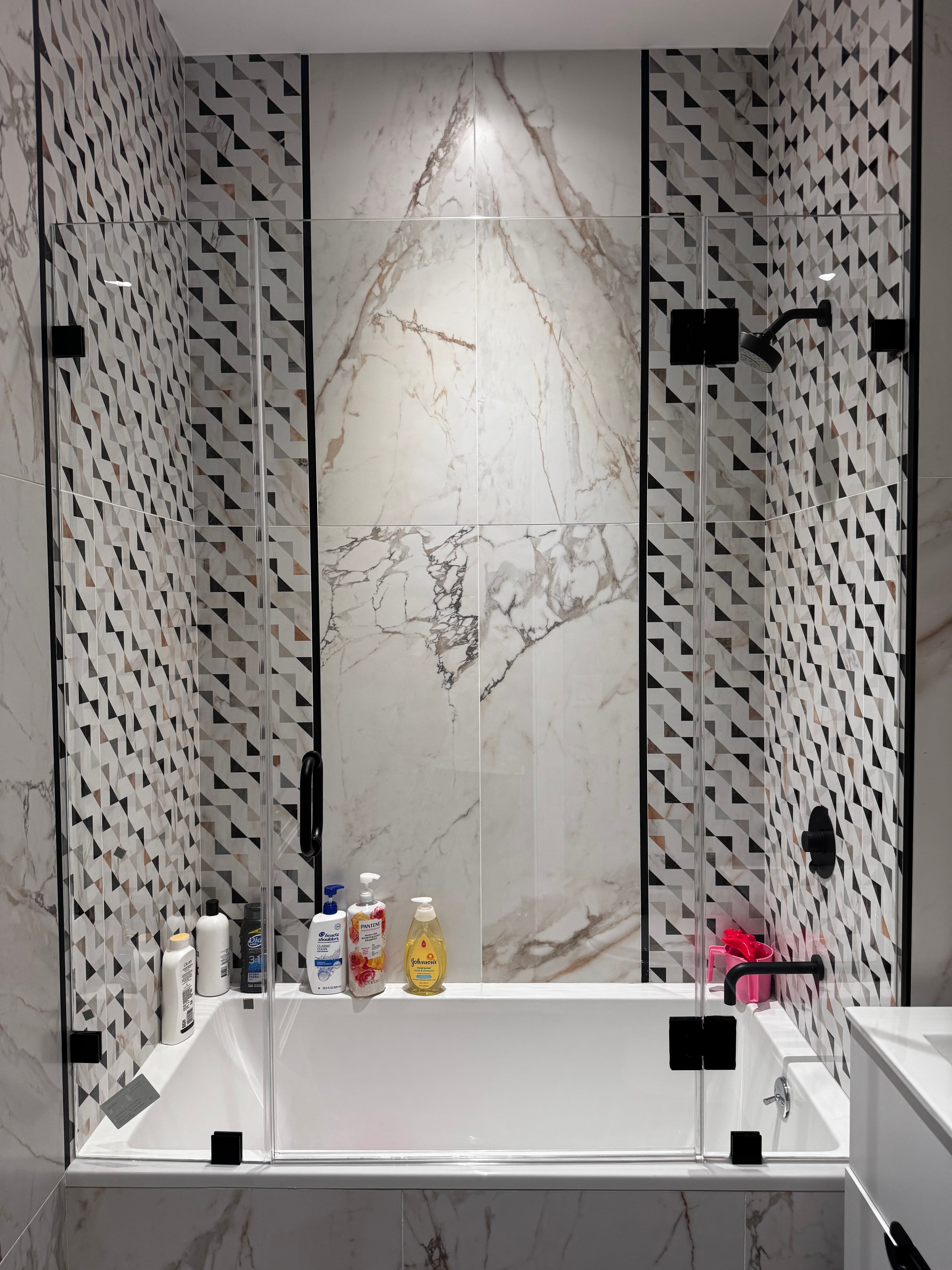 Panel + Door + Panel shower door installation in Williamsburg Brooklyn